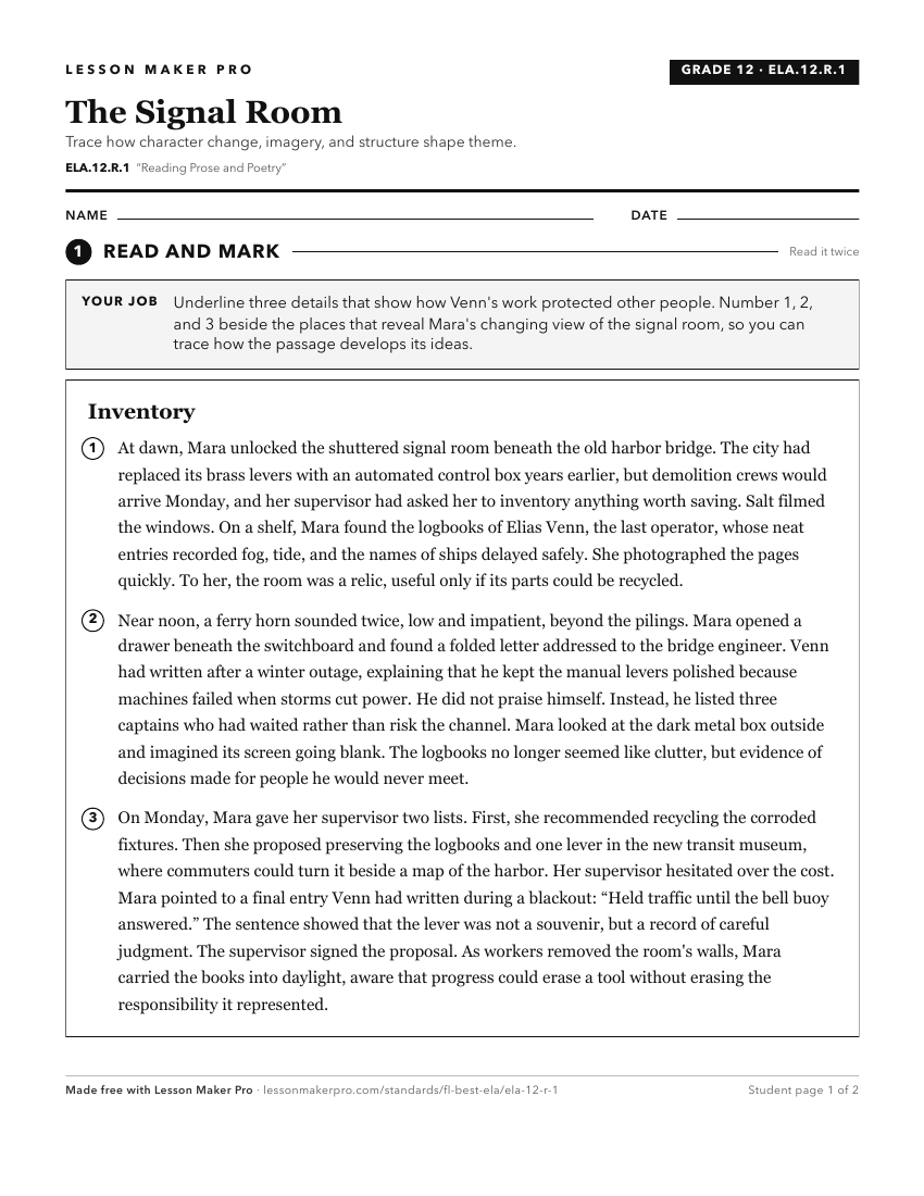Preview of the ELA.12.R.1 printable worksheet