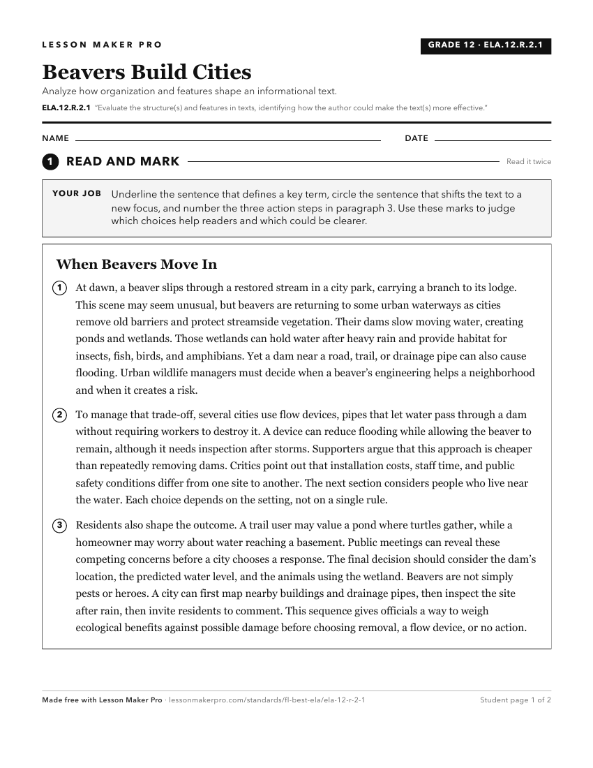Preview of the ELA.12.R.2.1 printable worksheet