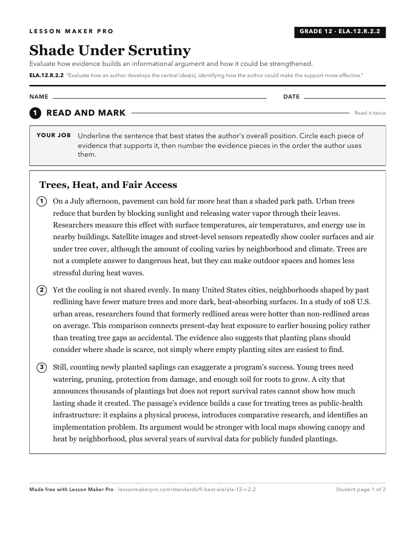 Preview of the ELA.12.R.2.2 printable worksheet