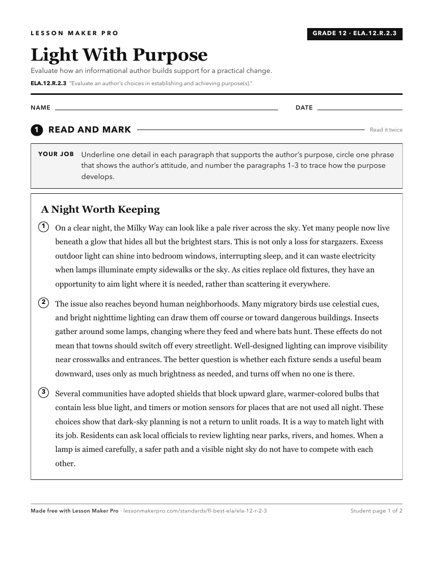 Preview of the ELA.12.R.2.3 printable worksheet