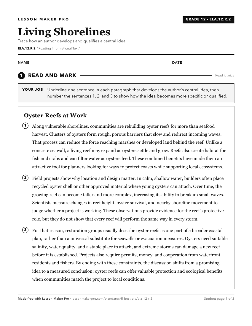 Preview of the ELA.12.R.2 printable worksheet