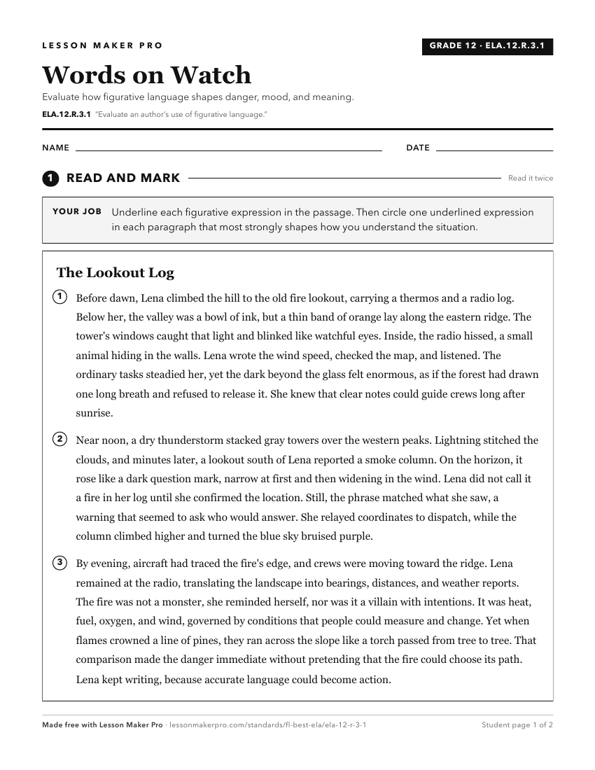 Preview of the ELA.12.R.3.1 printable worksheet