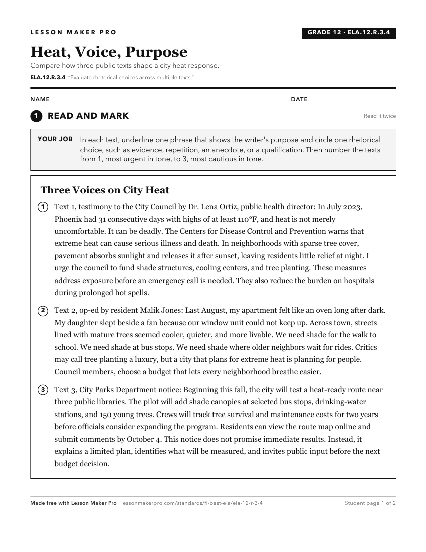 Preview of the ELA.12.R.3.4 printable worksheet