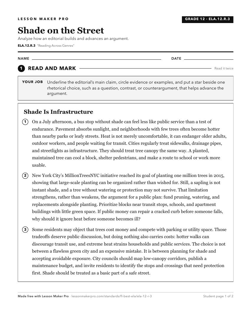 Preview of the ELA.12.R.3 printable worksheet