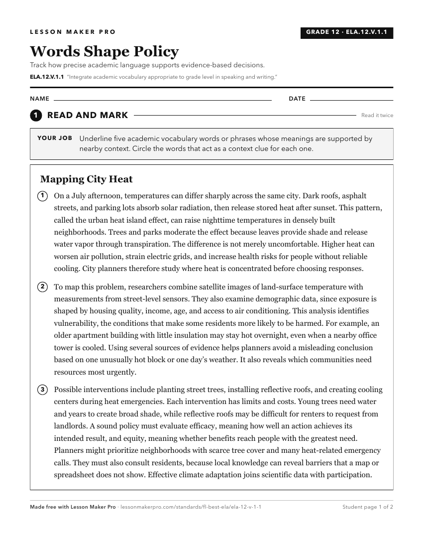 Preview of the ELA.12.V.1.1 printable worksheet