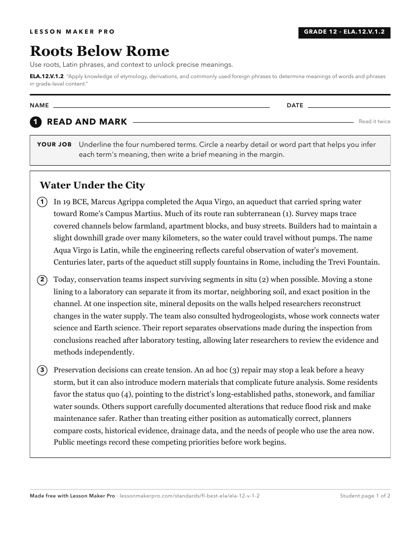 Preview of the ELA.12.V.1.2 printable worksheet
