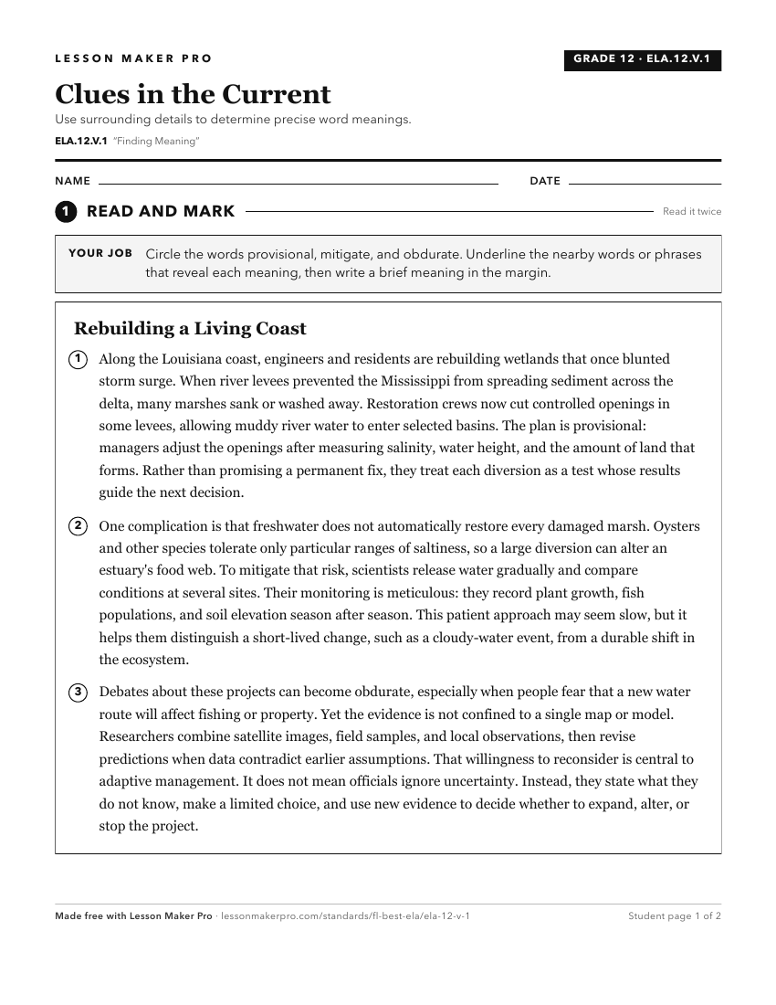 Preview of the ELA.12.V.1 printable worksheet