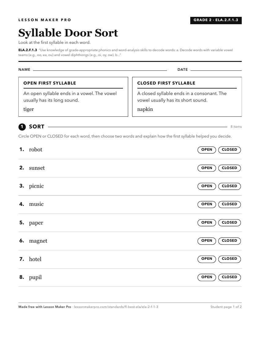 Preview of the ELA.2.F.1.3 printable worksheet
