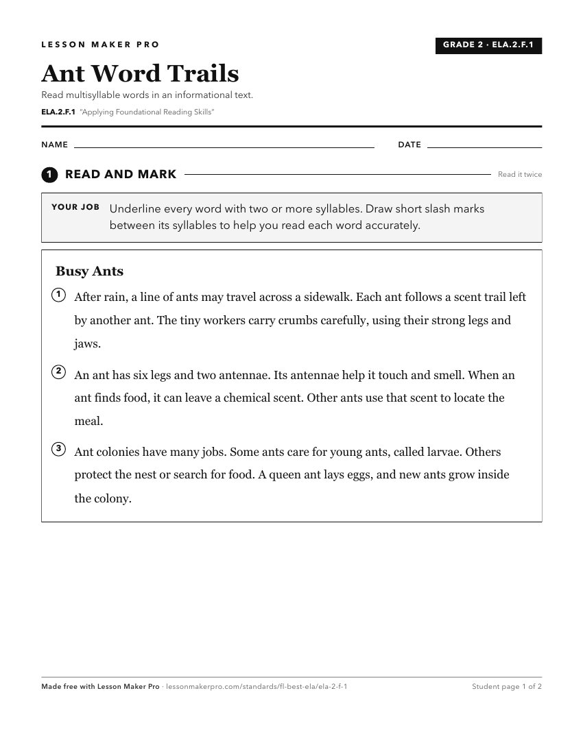 Preview of the ELA.2.F.1 printable worksheet