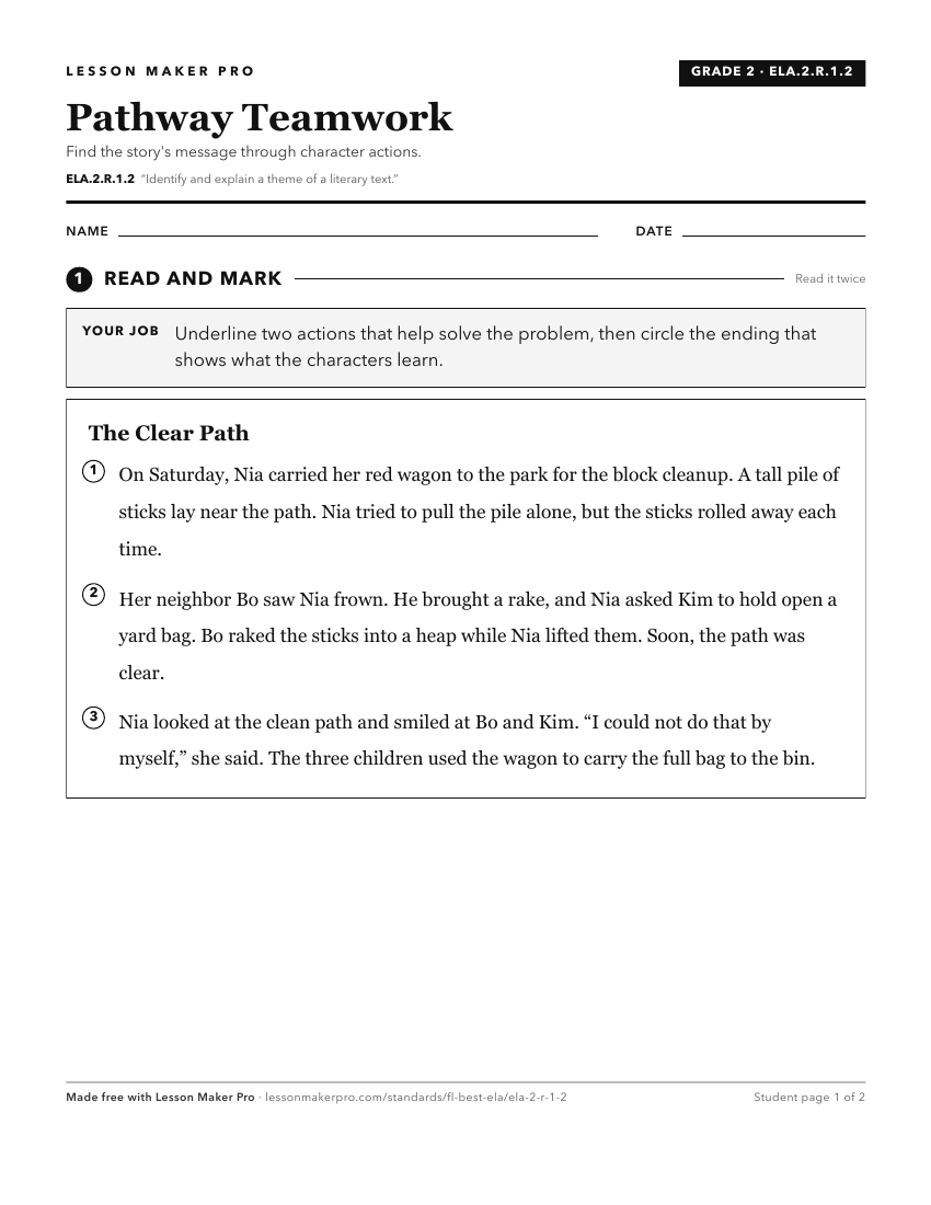 Preview of the ELA.2.R.1.2 printable worksheet