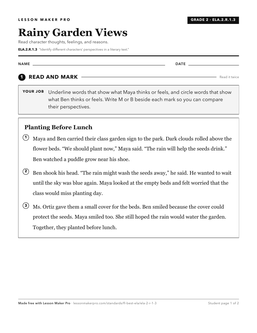 Preview of the ELA.2.R.1.3 printable worksheet