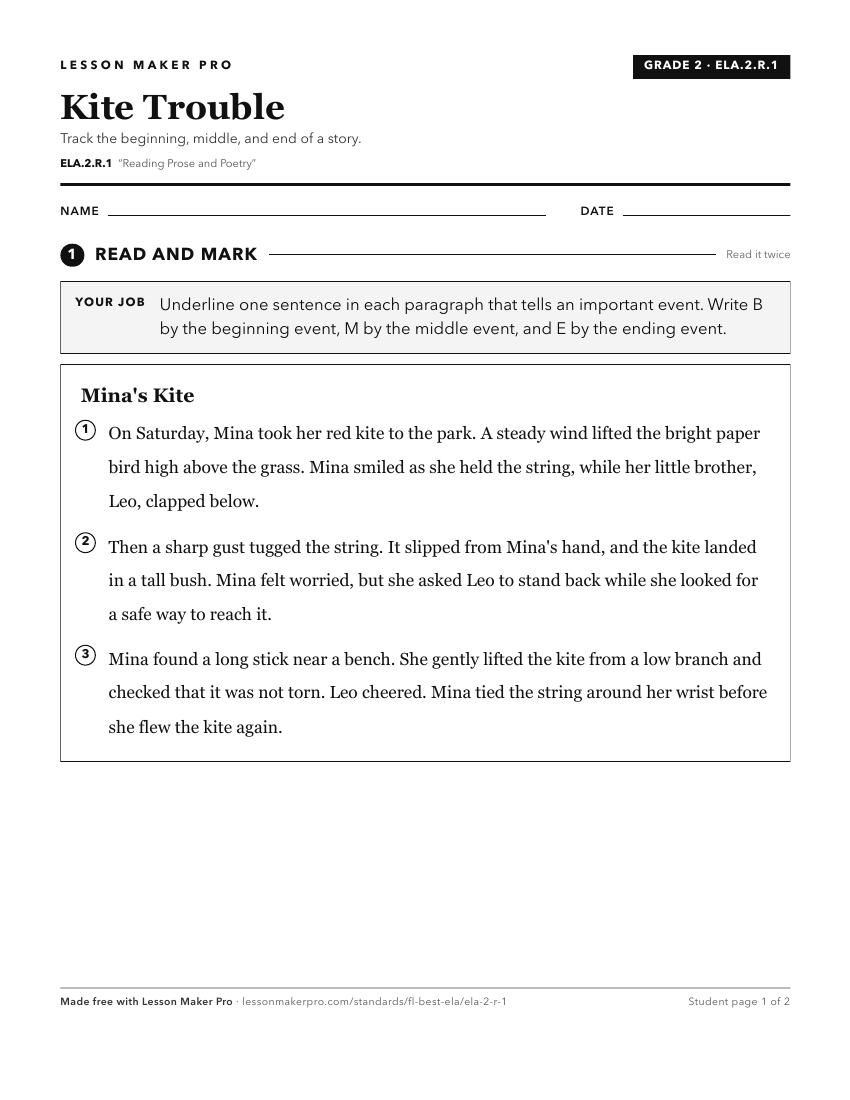 Preview of the ELA.2.R.1 printable worksheet