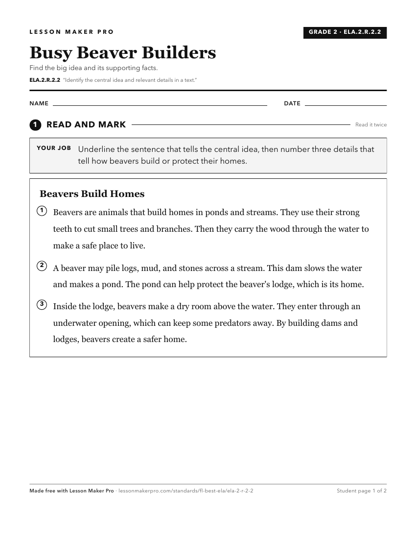 Preview of the ELA.2.R.2.2 printable worksheet