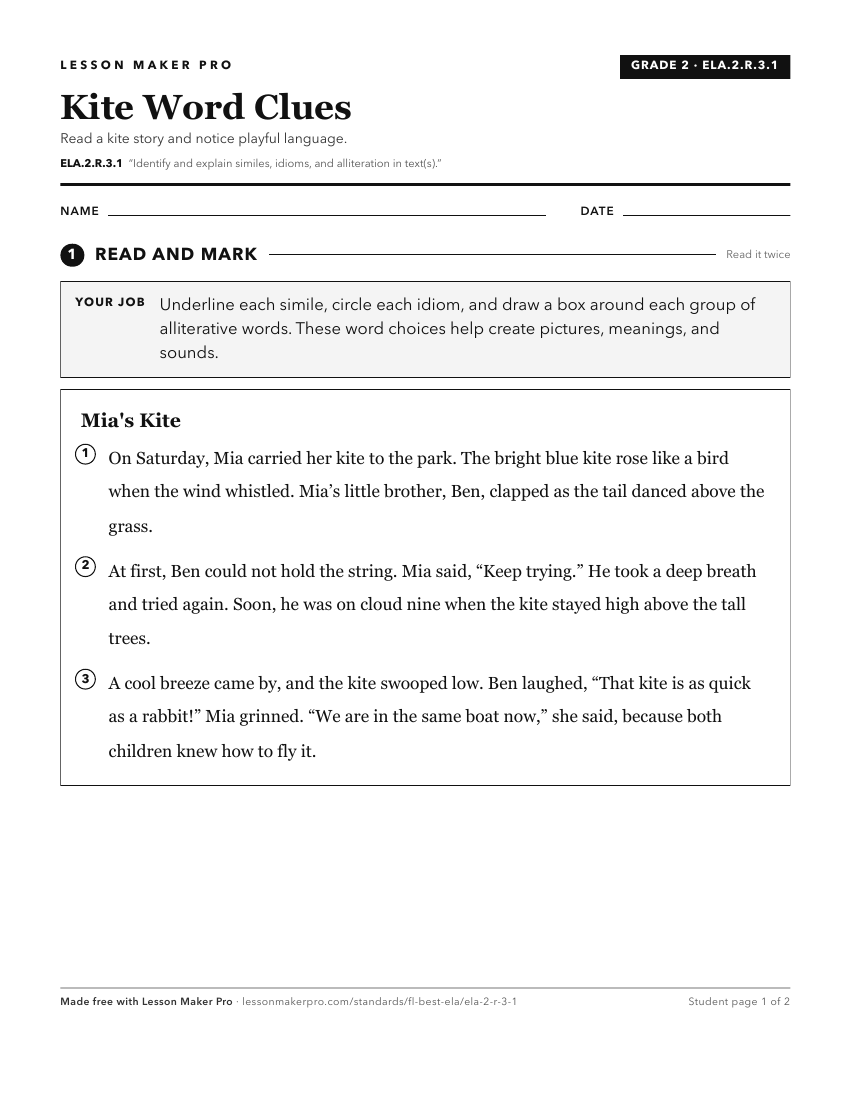 Preview of the ELA.2.R.3.1 printable worksheet