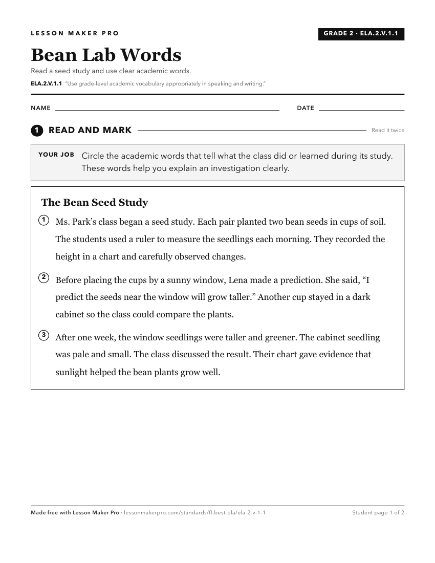 Preview of the ELA.2.V.1.1 printable worksheet