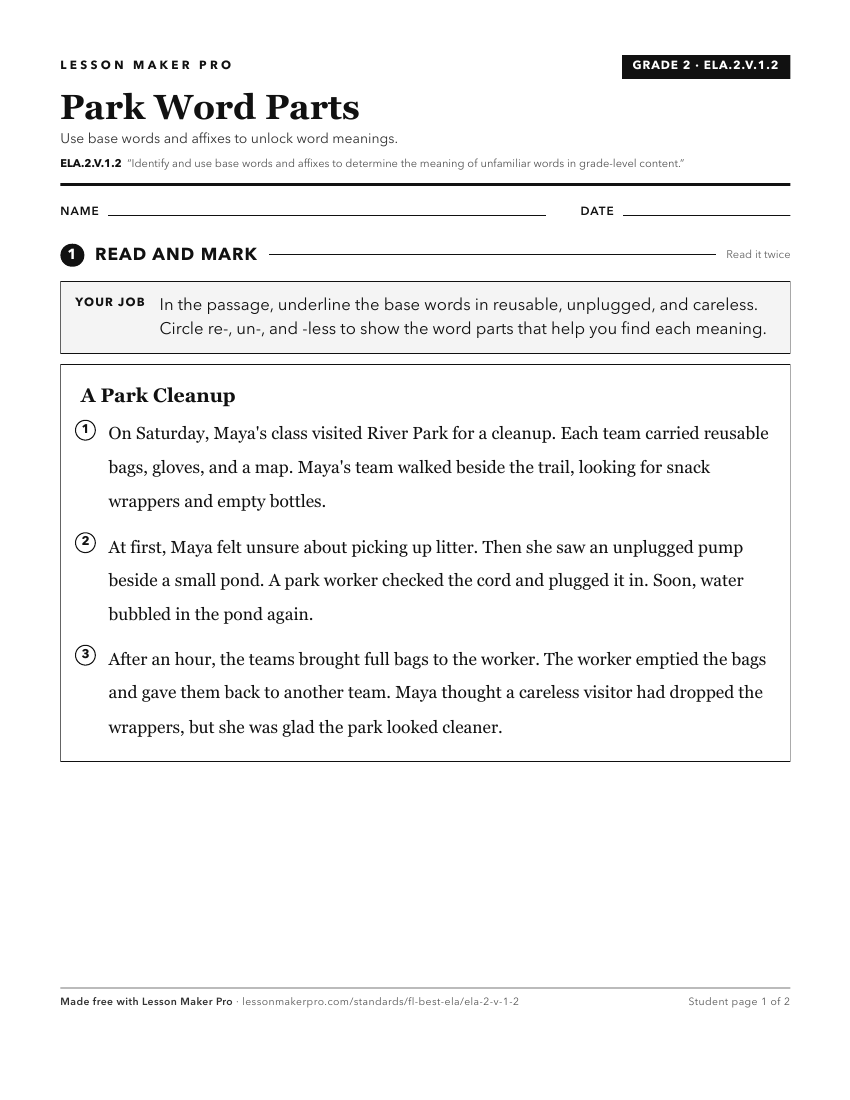 Preview of the ELA.2.V.1.2 printable worksheet