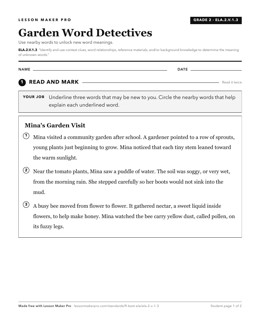 Preview of the ELA.2.V.1.3 printable worksheet