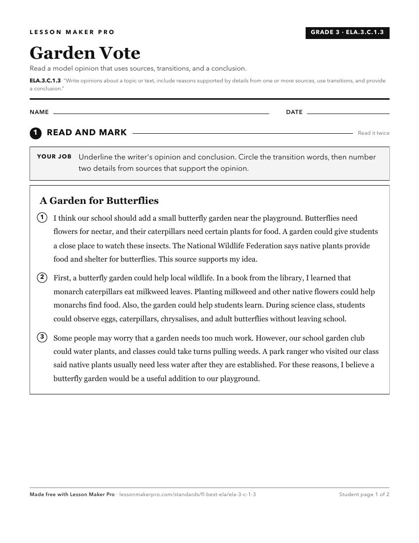 Preview of the ELA.3.C.1.3 printable worksheet
