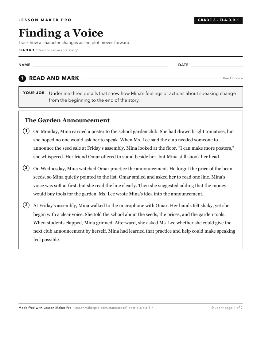 Preview of the ELA.3.R.1 printable worksheet