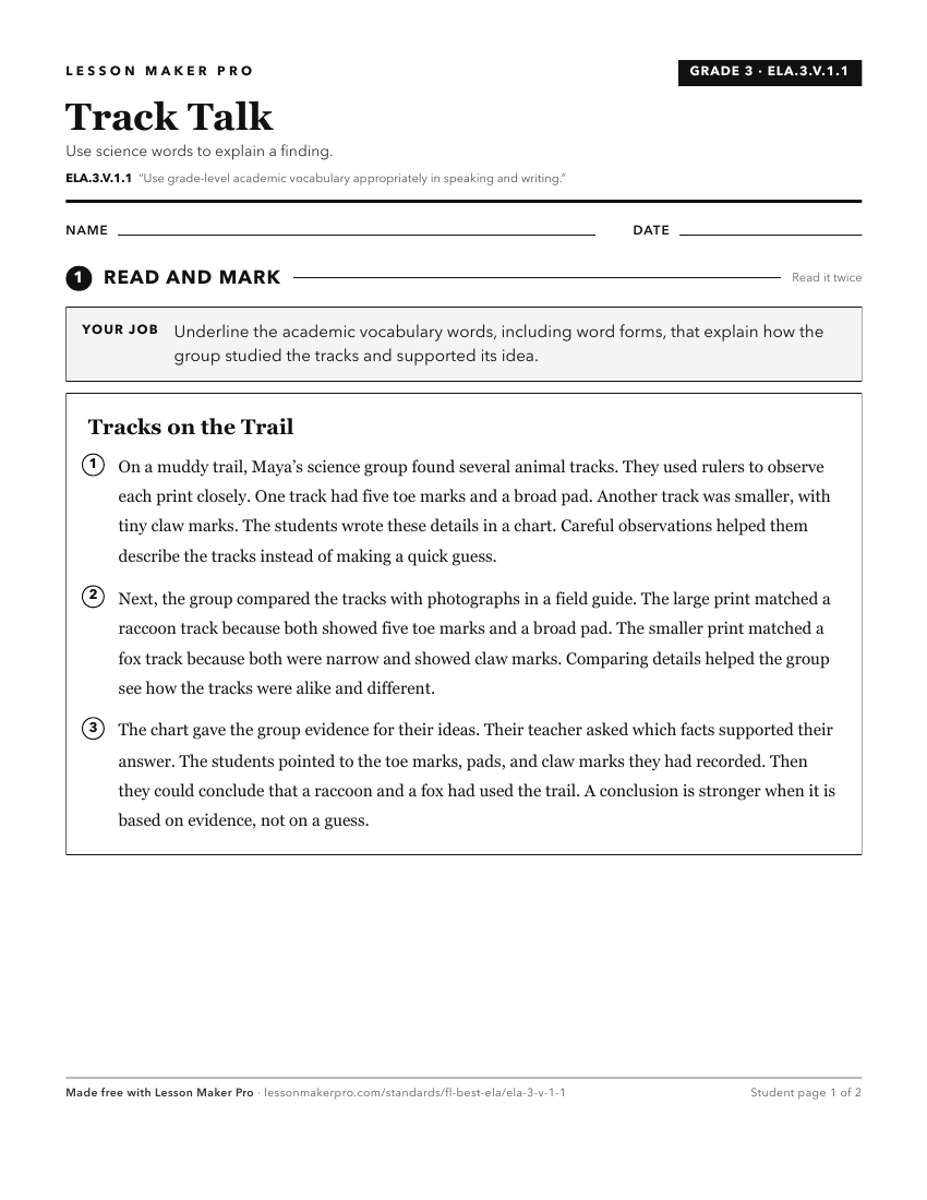 Preview of the ELA.3.V.1.1 printable worksheet
