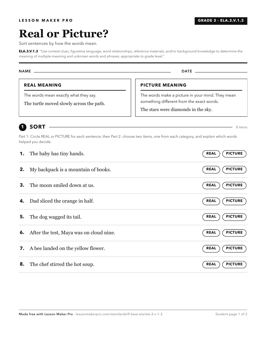 Preview of the ELA.3.V.1.3 printable worksheet