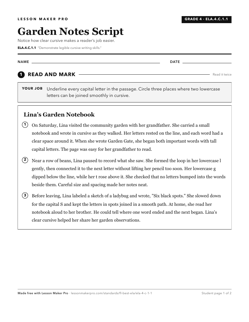 Preview of the ELA.4.C.1.1 printable worksheet