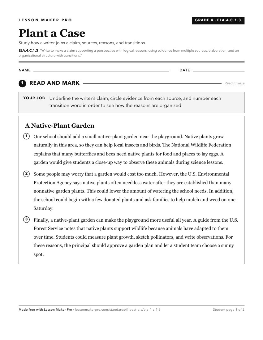 Preview of the ELA.4.C.1.3 printable worksheet