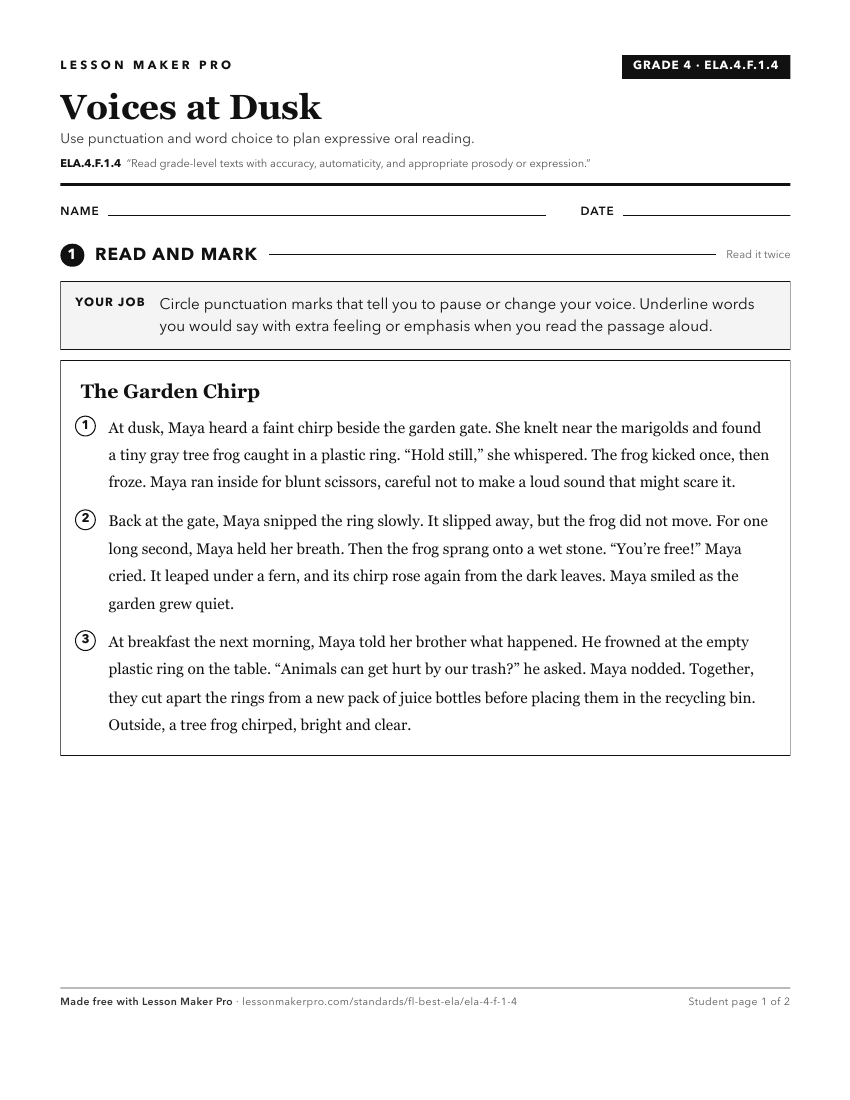 Preview of the ELA.4.F.1.4 printable worksheet