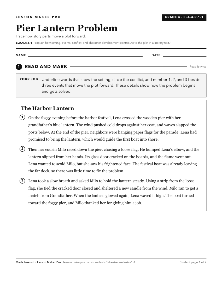 Preview of the ELA.4.R.1.1 printable worksheet
