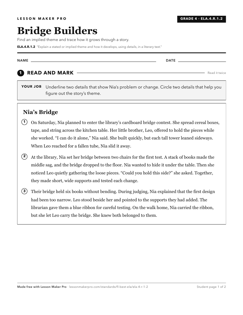 Preview of the ELA.4.R.1.2 printable worksheet