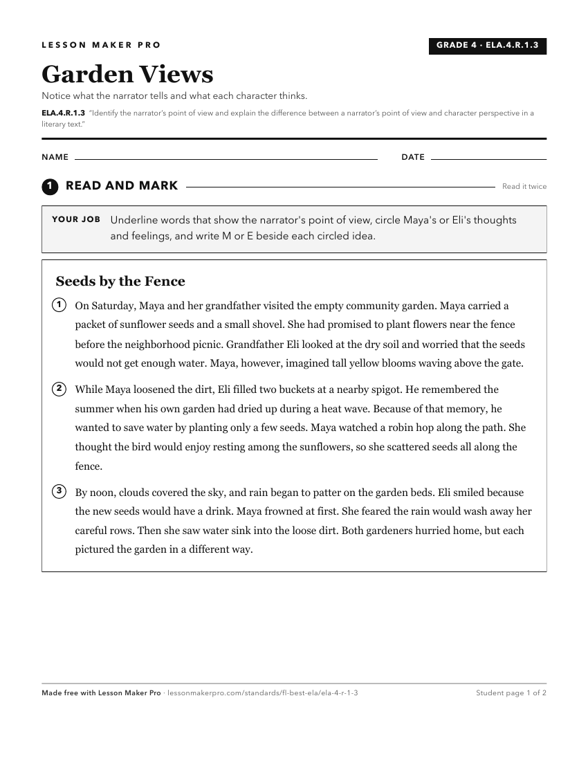 Preview of the ELA.4.R.1.3 printable worksheet