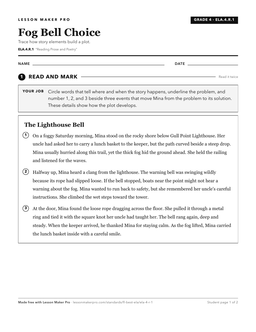 Preview of the ELA.4.R.1 printable worksheet