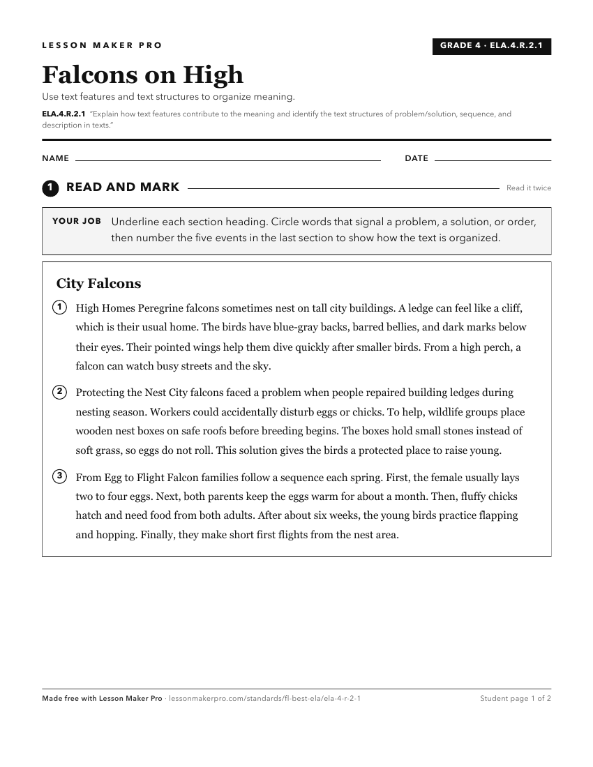 Preview of the ELA.4.R.2.1 printable worksheet