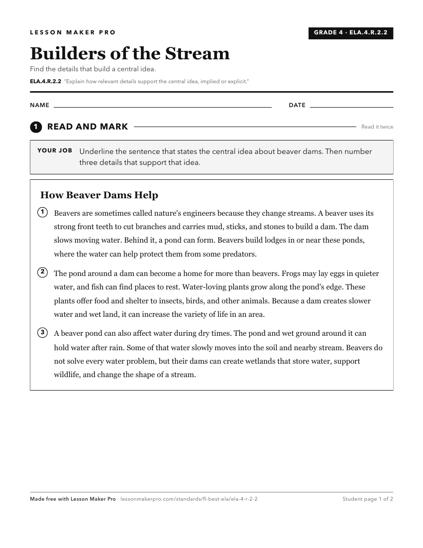 Preview of the ELA.4.R.2.2 printable worksheet