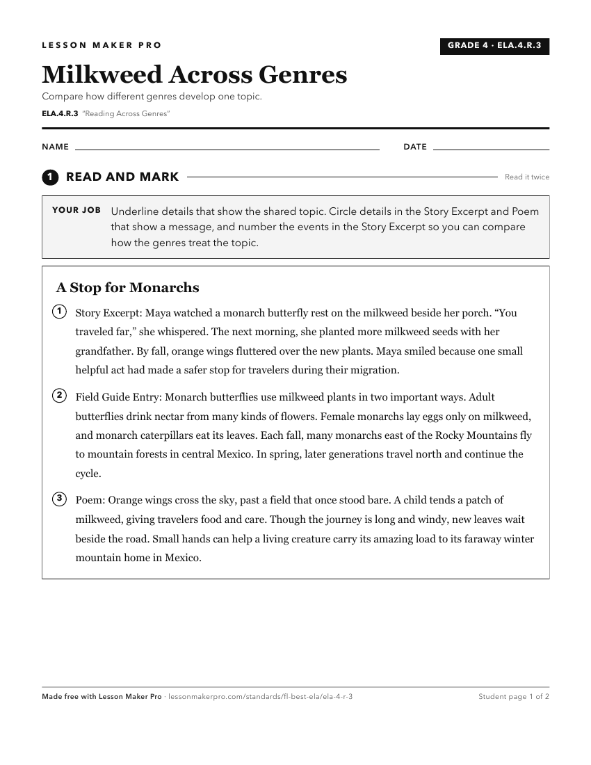 Preview of the ELA.4.R.3 printable worksheet