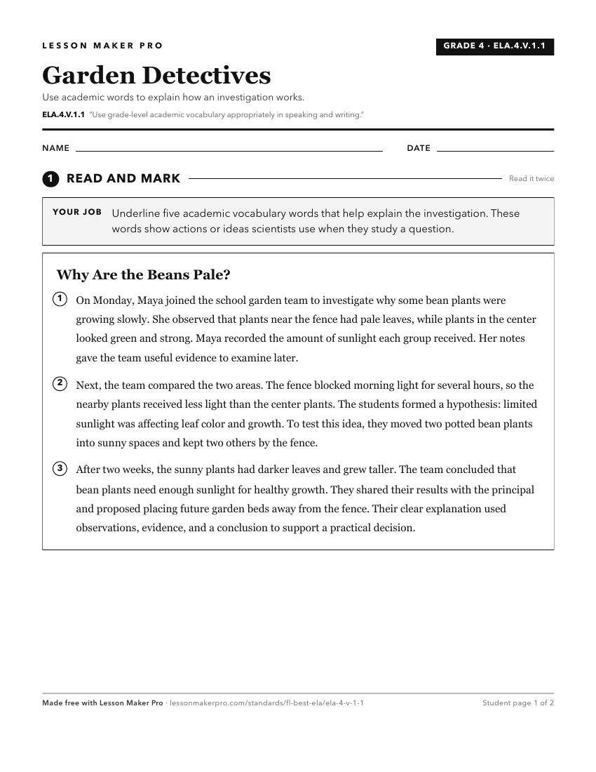 Preview of the ELA.4.V.1.1 printable worksheet