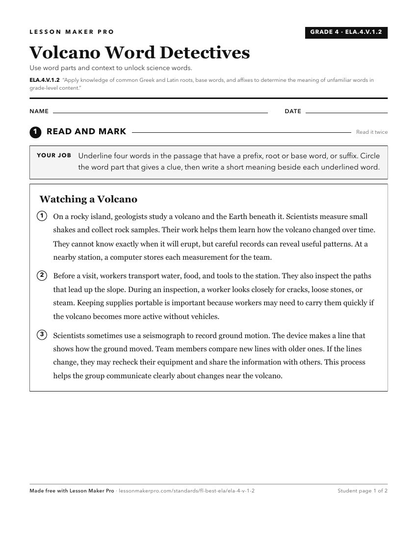 Preview of the ELA.4.V.1.2 printable worksheet