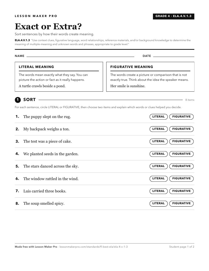 Preview of the ELA.4.V.1.3 printable worksheet