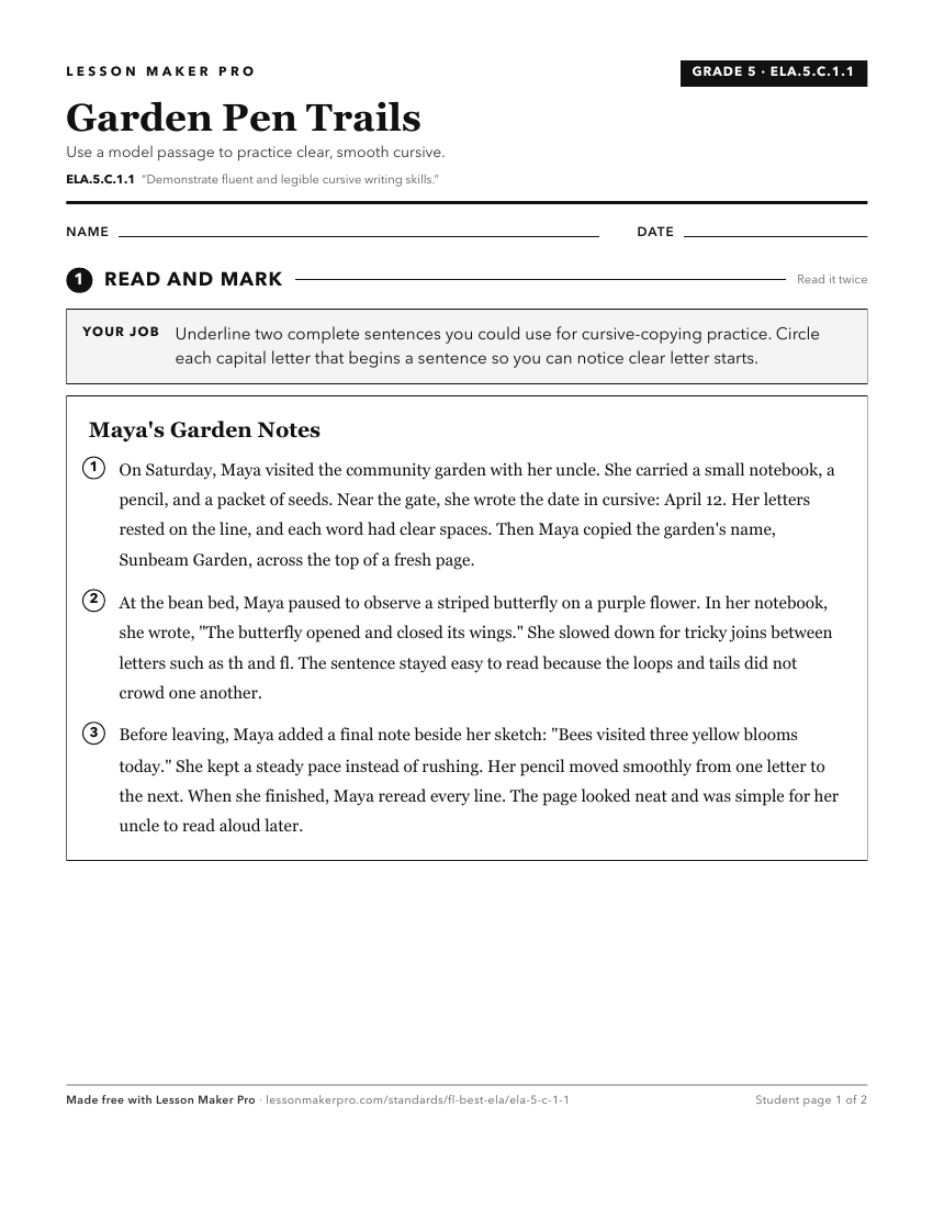 Preview of the ELA.5.C.1.1 printable worksheet