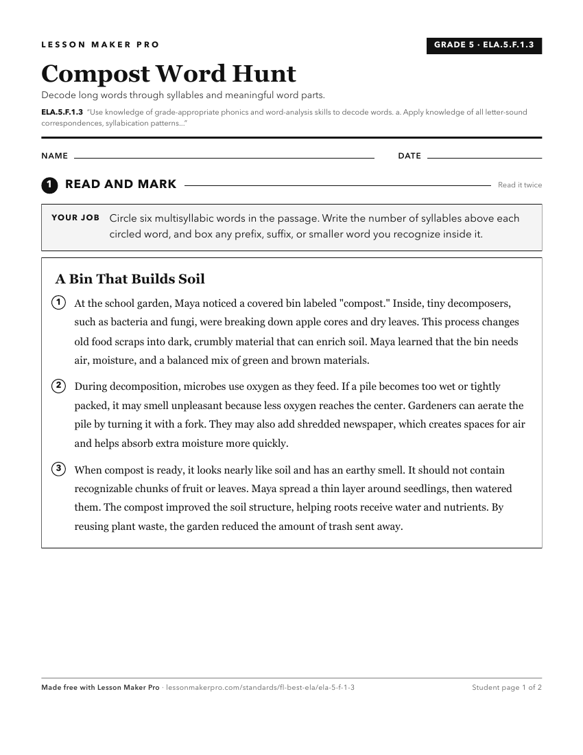 Preview of the ELA.5.F.1.3 printable worksheet