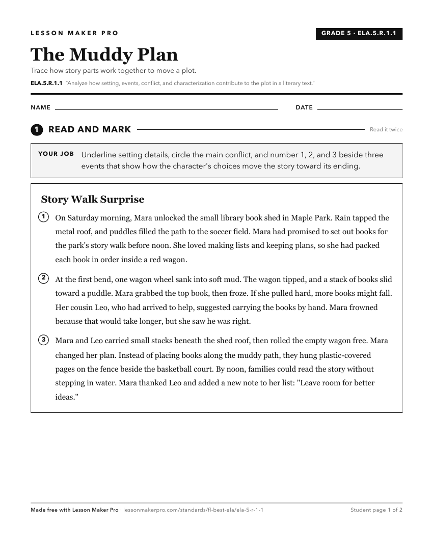 Preview of the ELA.5.R.1.1 printable worksheet