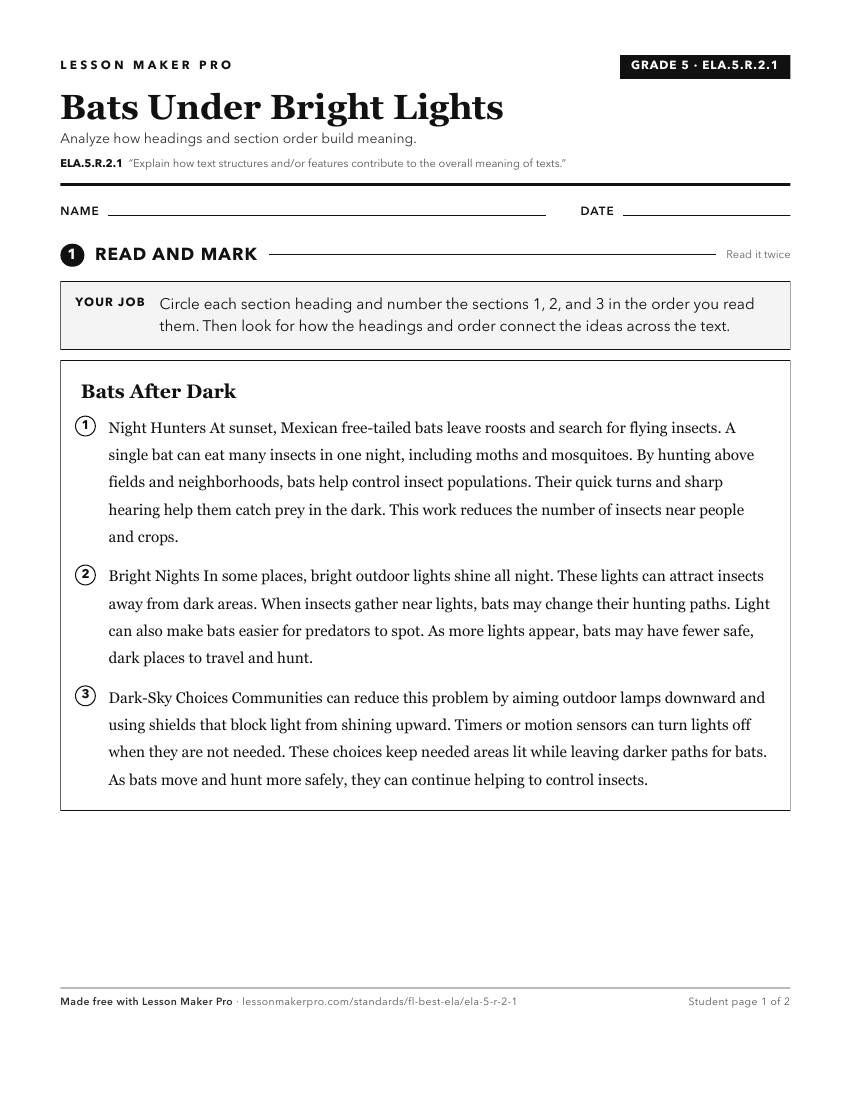 Preview of the ELA.5.R.2.1 printable worksheet