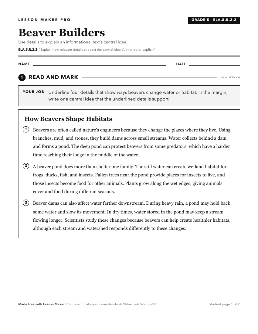 Preview of the ELA.5.R.2.2 printable worksheet