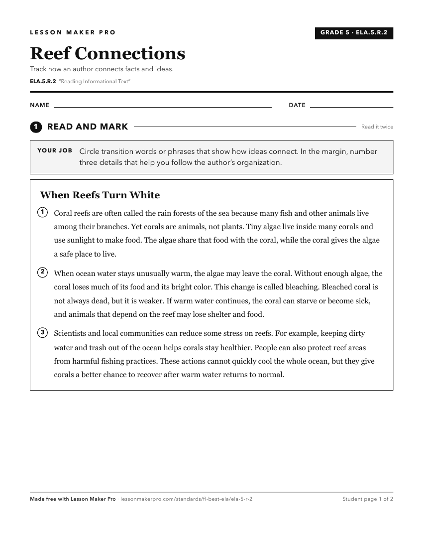 Preview of the ELA.5.R.2 printable worksheet