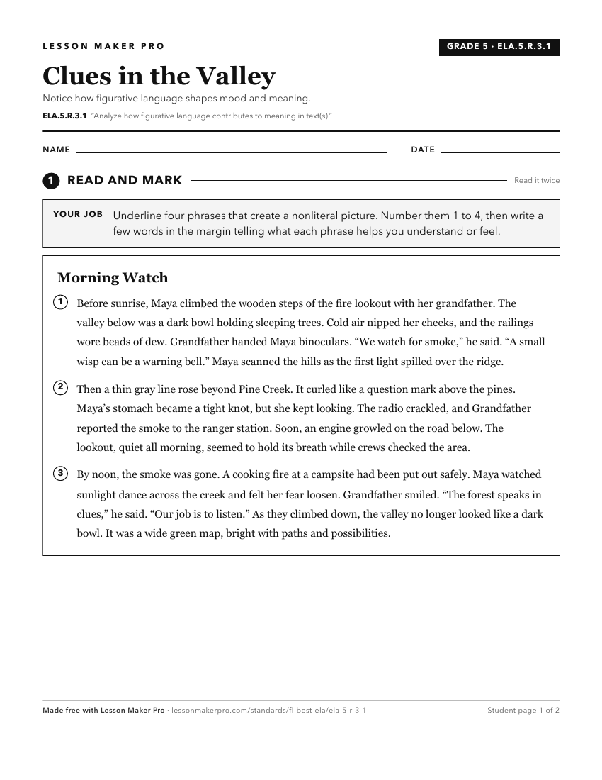 Preview of the ELA.5.R.3.1 printable worksheet