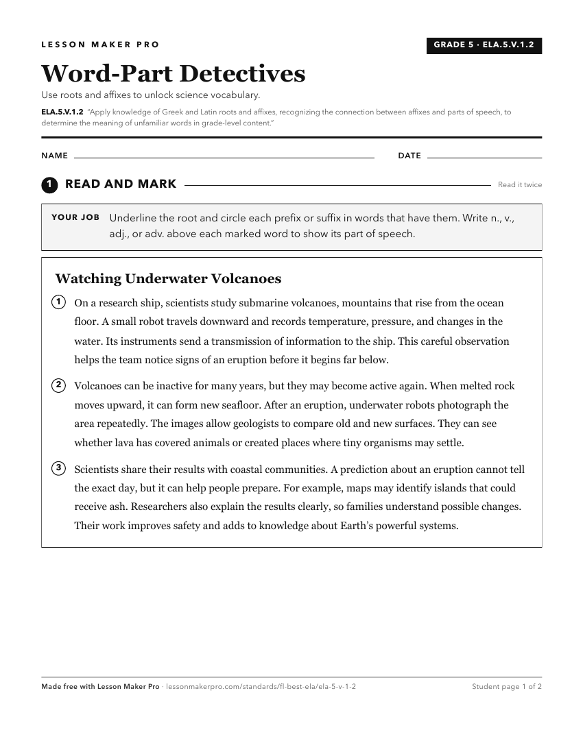 Preview of the ELA.5.V.1.2 printable worksheet