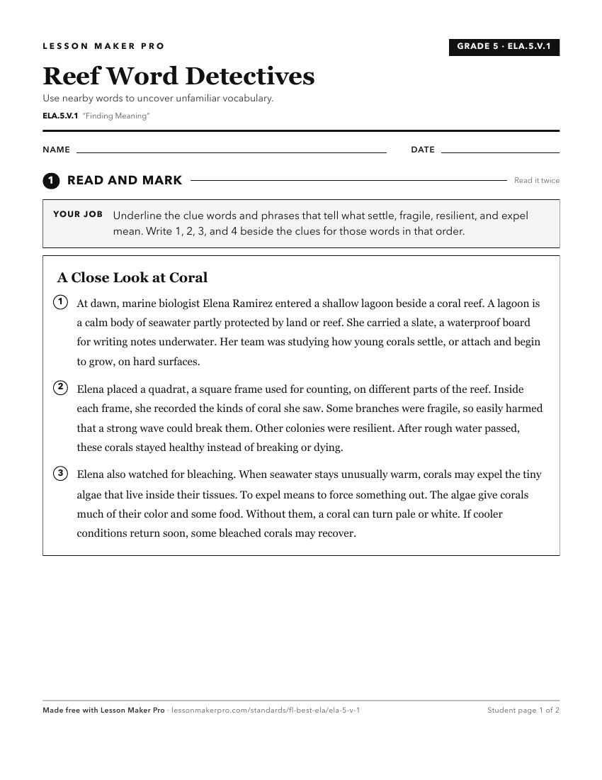 Preview of the ELA.5.V.1 printable worksheet