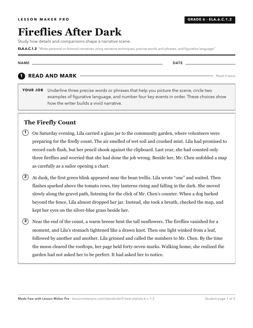 Preview of the ELA.6.C.1.2 printable worksheet