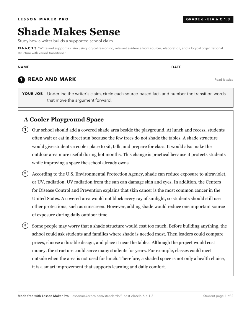 Preview of the ELA.6.C.1.3 printable worksheet