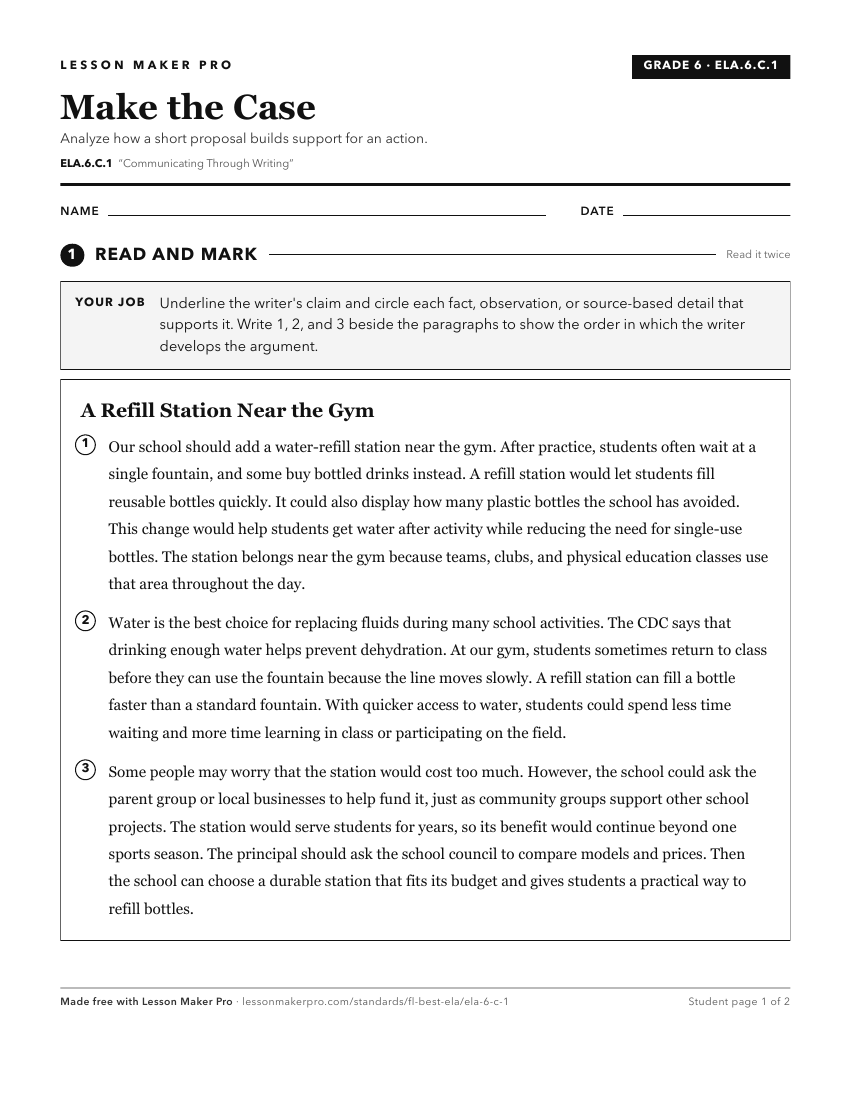 Preview of the ELA.6.C.1 printable worksheet